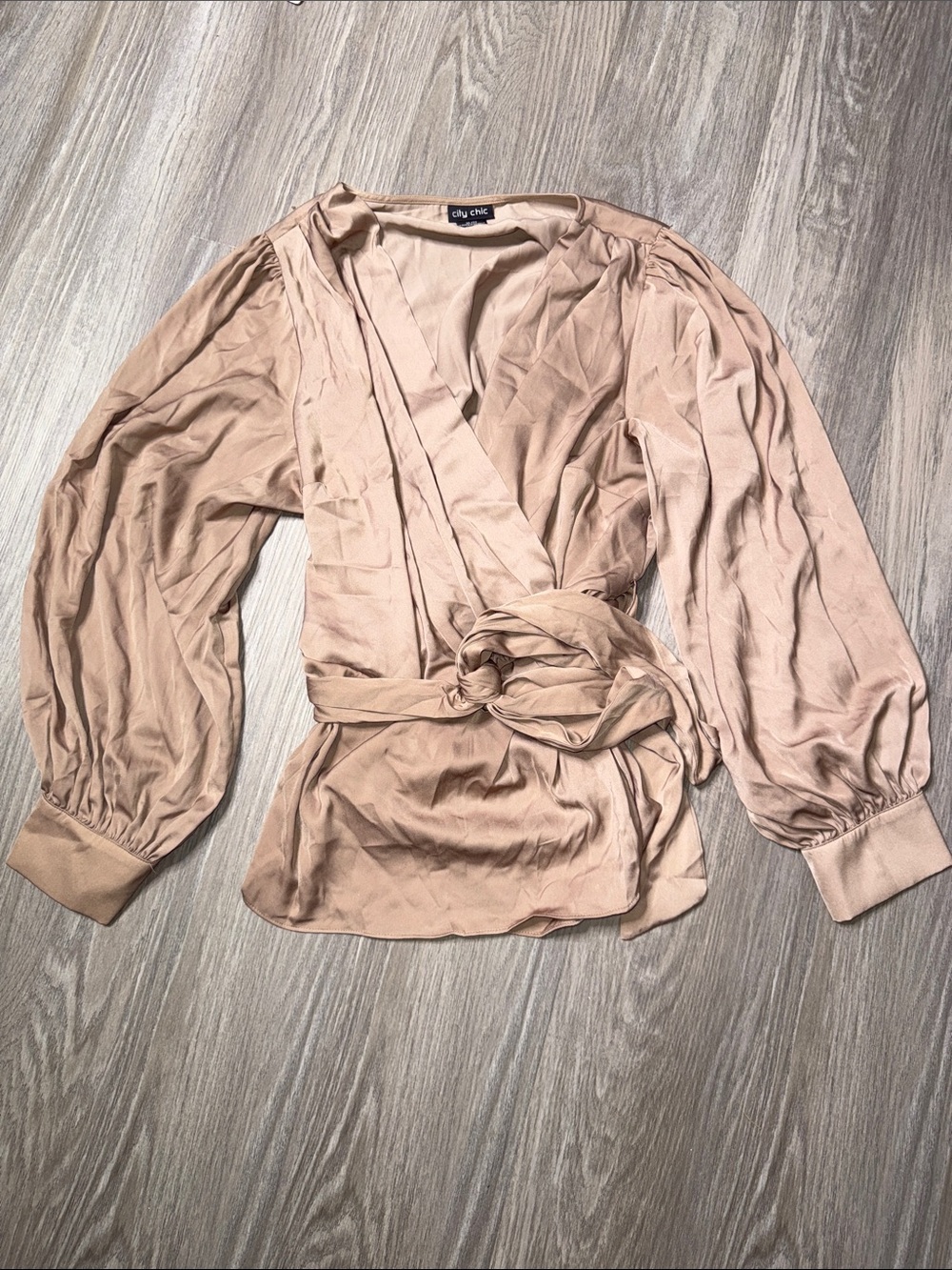 City Chic Nude Blush Satin Wrap Blouse with Tie